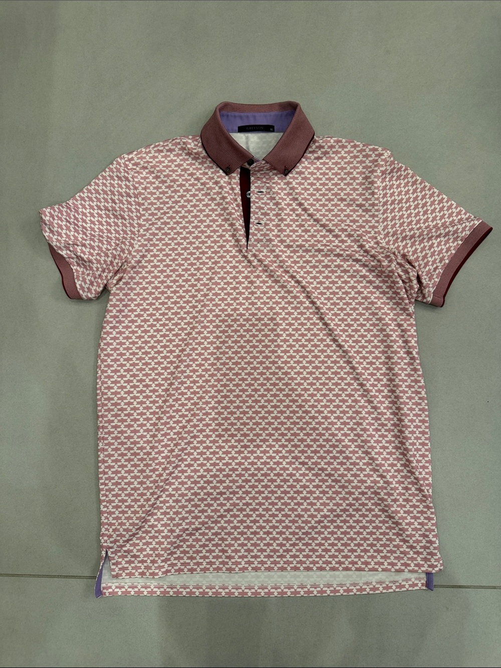 Greyson Men's Pink Patterned Polo Shirt with Burgundy Trim
